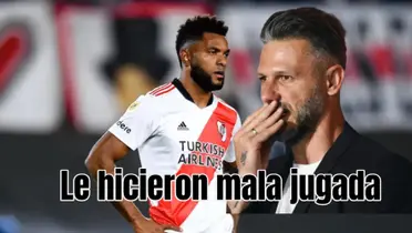 Al delantero colombiano no le permitieron cobrar un penal a pesar de ser el goleador. Foto de Borja tomada de TNT y de Demichelis de la Página Millonaria