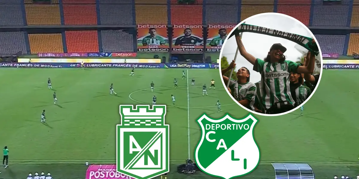 Atlético Nacional vs Deportivo Cali Foto: Captura de Win Sports, Escudoteca PN y Múnera Eastman Radio