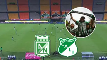Atlético Nacional vs Deportivo Cali Foto: Captura de Win Sports, Escudoteca PN y Múnera Eastman Radio